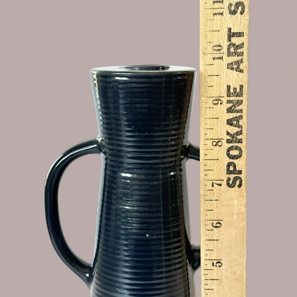 Crate & Barrel Sibely Navy & Beige Ceramic Candlestick Holder 9 5/8”